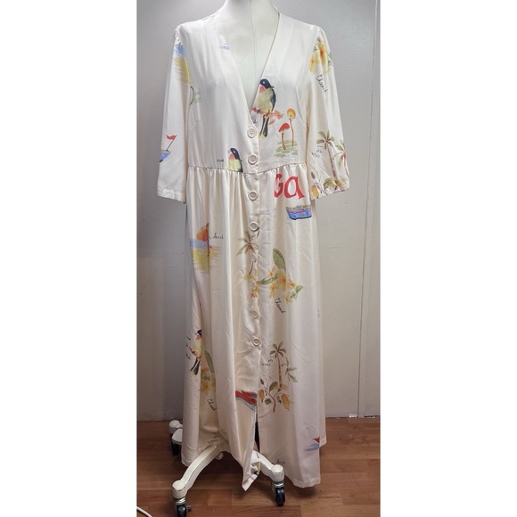 Maxi‎ Dress Button Front Bird Print Casual Long Sleeve Dress Size L GOA Beach - Picture 1 of 16
